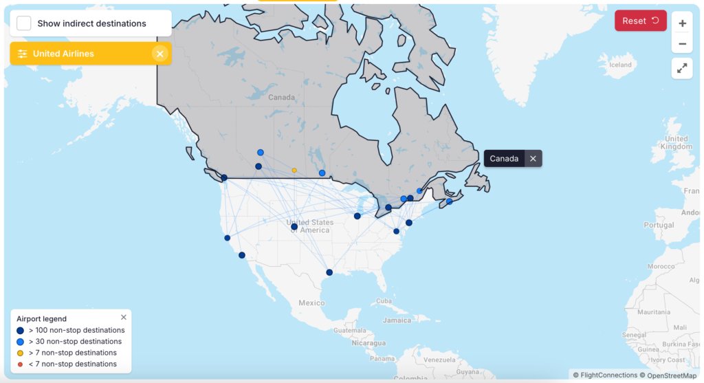 Map of United Airlines' destinations in Canada