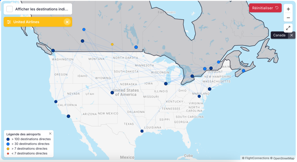 Map of United Airlines' destinations in Canada