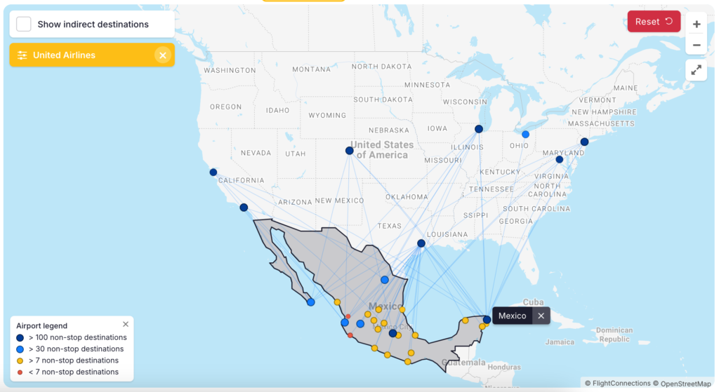 Map of United Airlines destinations in Mexico.