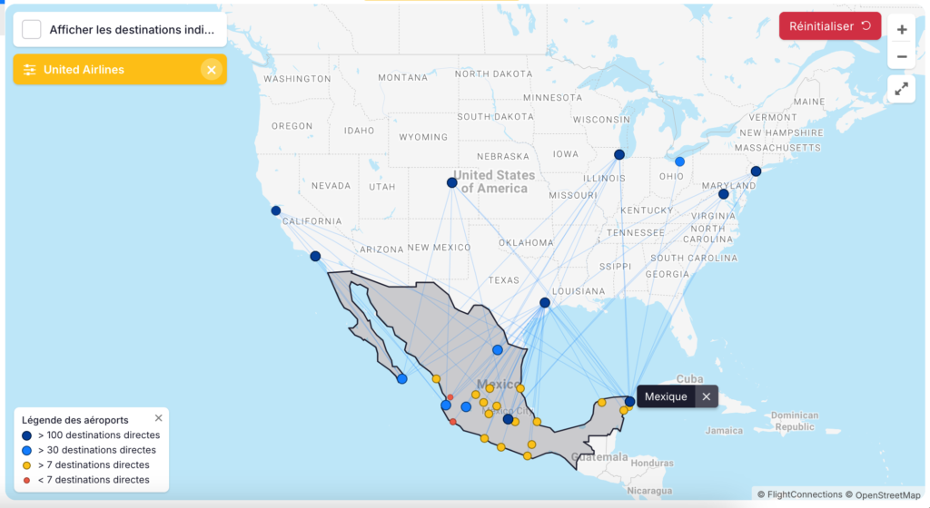 Map of United Airlines destinations in Mexico.