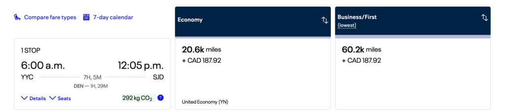 Example redemption with United miles - Calgary to Cabo