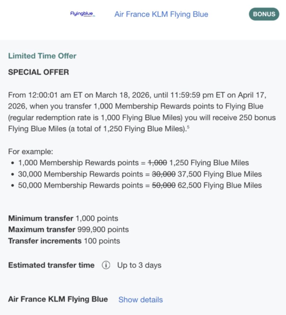 boni transfert points privileges flying blue canada