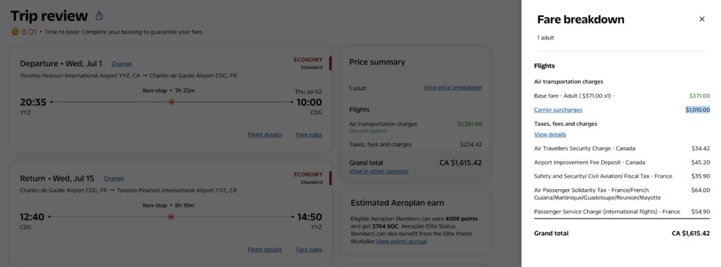 yyz cdg - summer 2026 - surcharge air canada