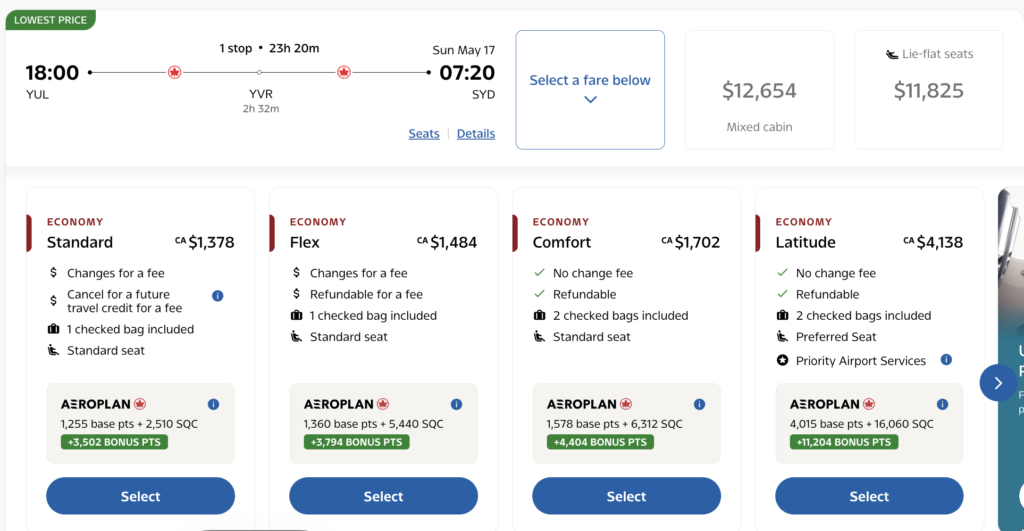 Aeroplan bonus points display by fare type when booking a YUL-SYD flight on Air Canada