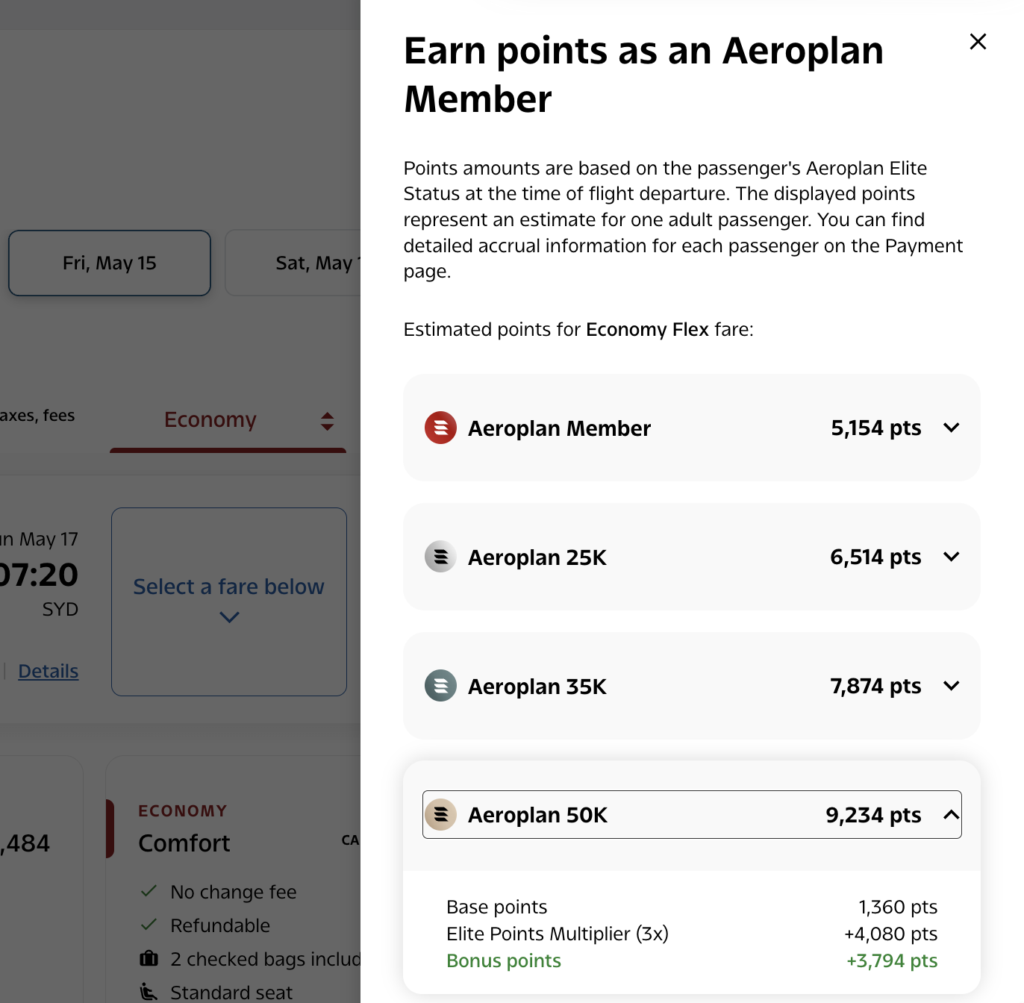 Aeroplan points breakdown by Elite status for a Montreal-Sydney round trip flight