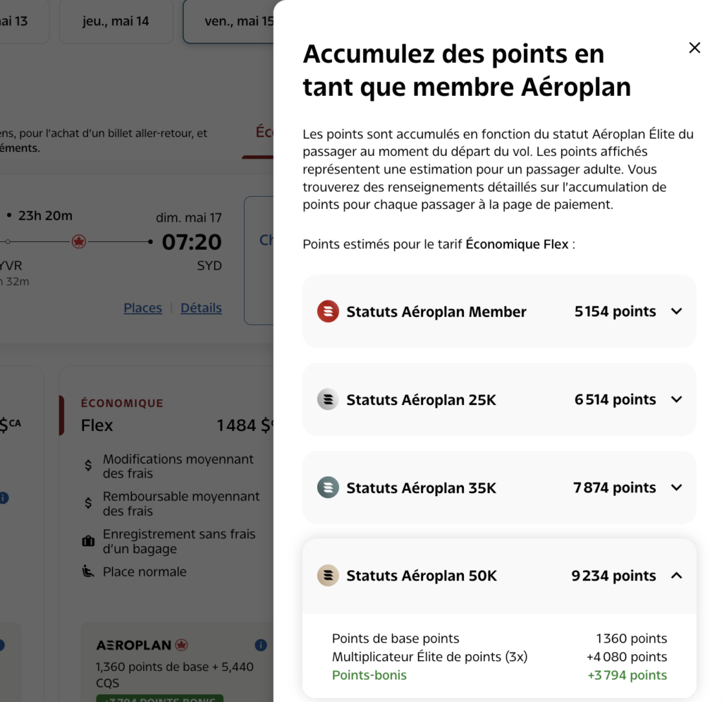 Détail des points Aéroplan par statut Élite pour un vol Montréal Sydney