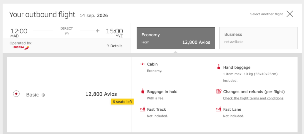 Iberia discount Toronto to Madrid economy class September 2026