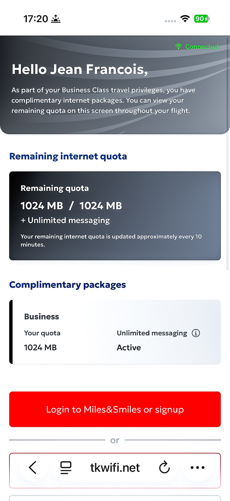 Interface wifi Turkish Airlines montrant l'accès internet gratuit de 1GB inclus pour les passagers classe business