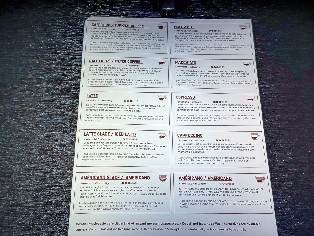 Carte des cafés spécialisés Turkish Airlines détaillant les différentes préparations de café turc et internationales