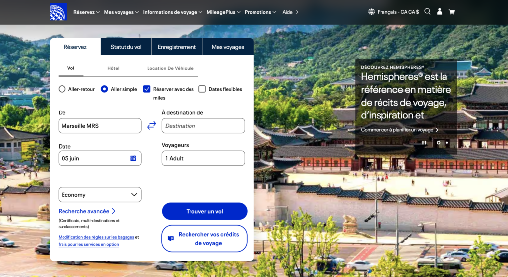 Réserver avec United - recherche de vols