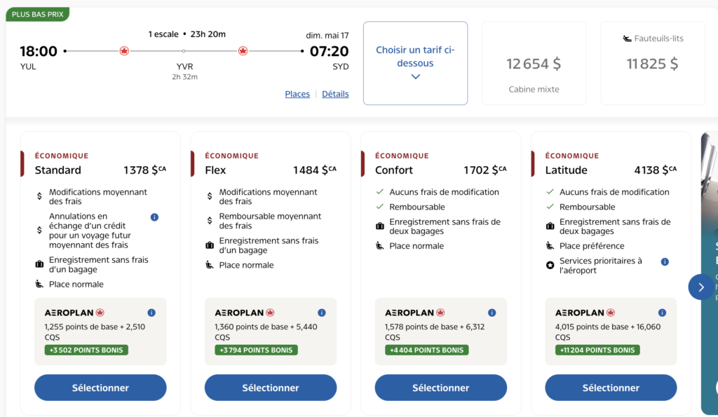 YUL SYD vol aller retour en classe économique Air Canada
