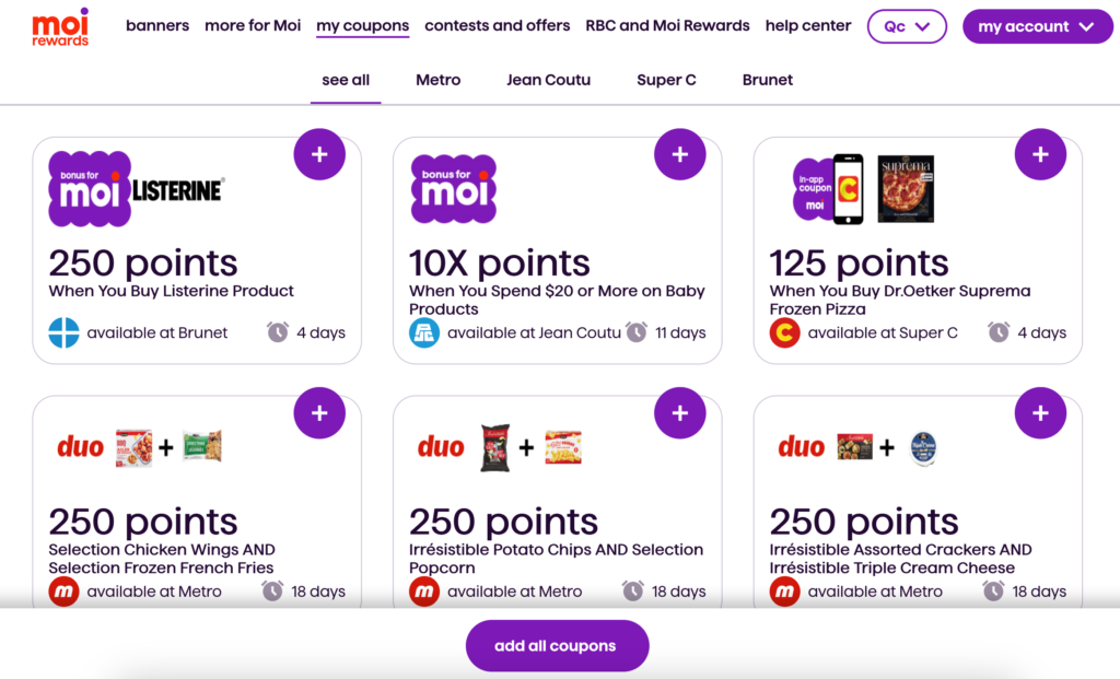 Moi Rewards Quebec coupons examples
