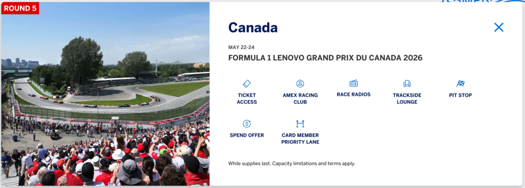 Amex Perks on offer at Grand Prix du Canada