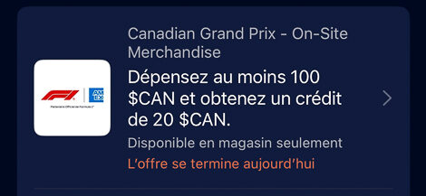 Interface de l'application mobile Amex montrant les offres exclusives du Grand Prix F1 canadien