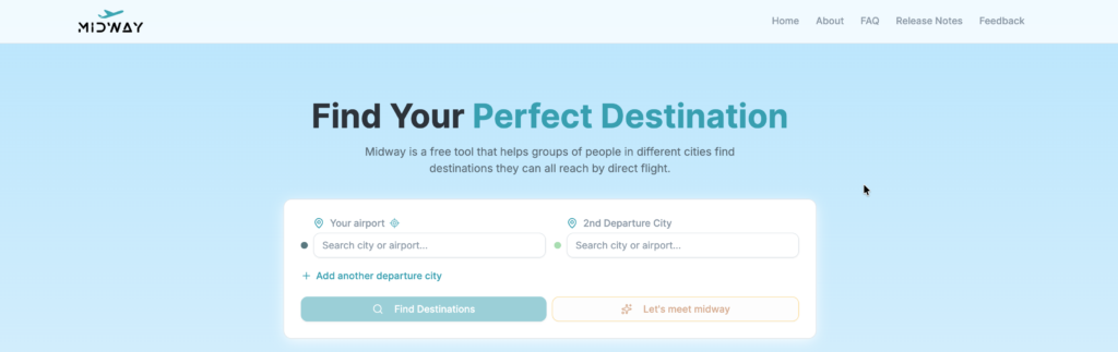 Page d'accueil de midway avec interface de recherche pour trouver la destination parfaite entre plusieurs villes