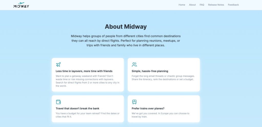 Page d'information de midway présentant les principales fonctionnalités de planification de voyage et économies
