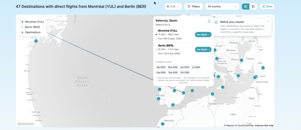 Page détail de Valence en Espagne sur midway avec informations de vol et carte géographique interactive