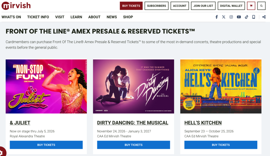 Mirvish Amex Promo 2026