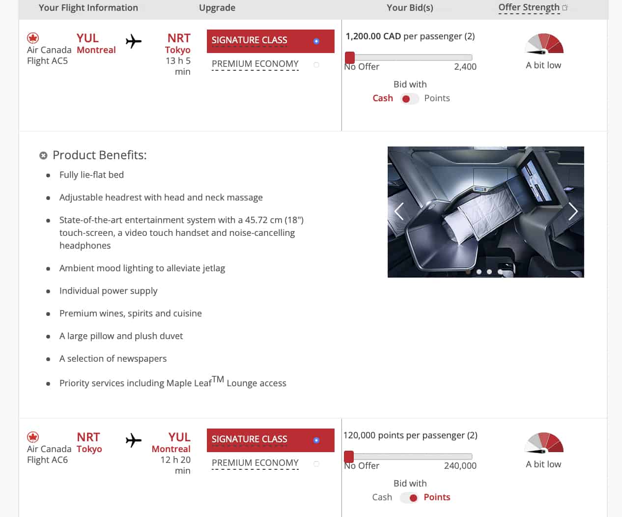 Air Canada bid upgrade - minimum bid
