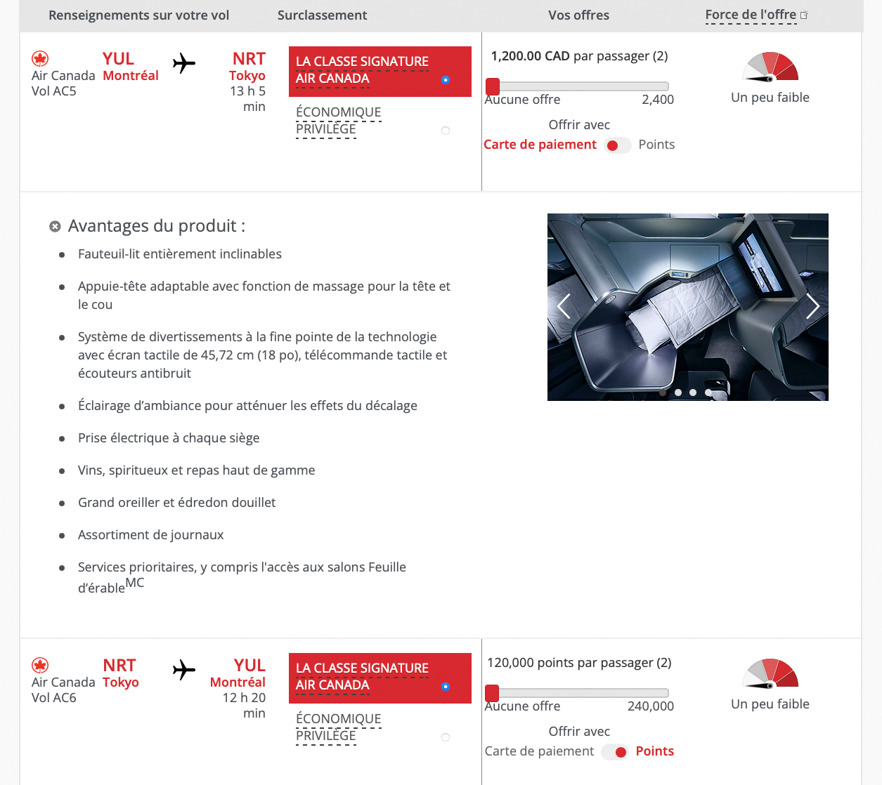 Mise pour surclassement Air Canada - mise minimale