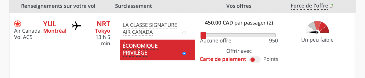 Mise minimale en classe économique Privilège - Air Canada