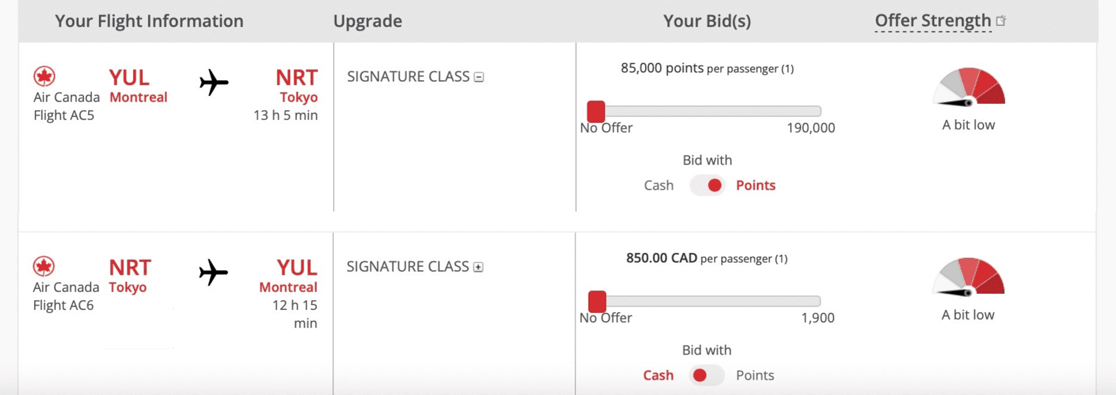 Air Canada bid upgrade - Premium Economy to Business