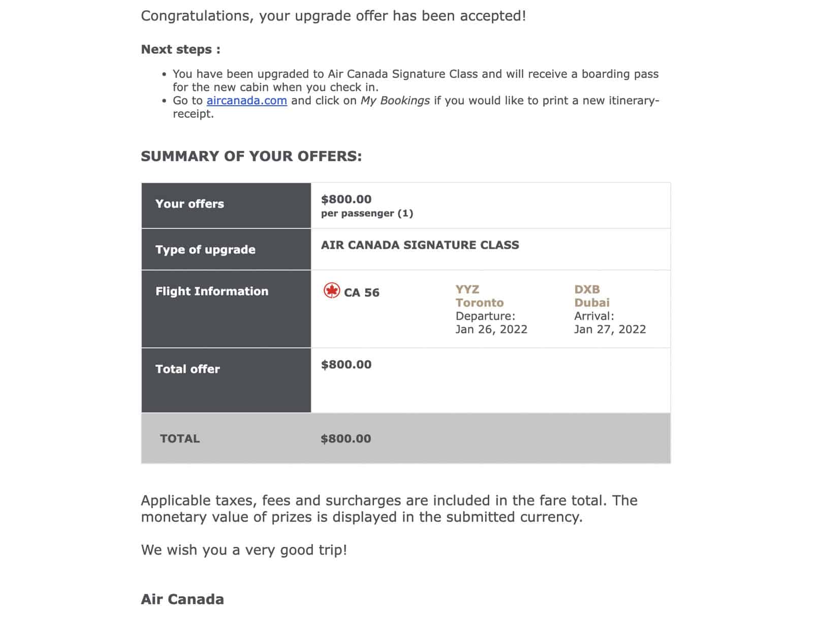 Air Canada bid upgrade - offer accepted