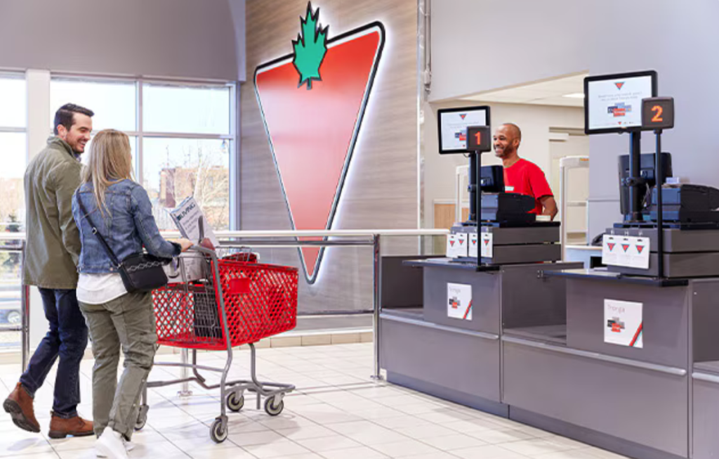 Couple with cart at cash register Canadian Tire
