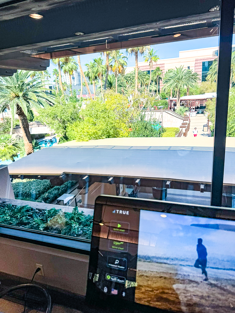 Appareil cardio avec écran et vue sur la piscine au gym du MGM Grand