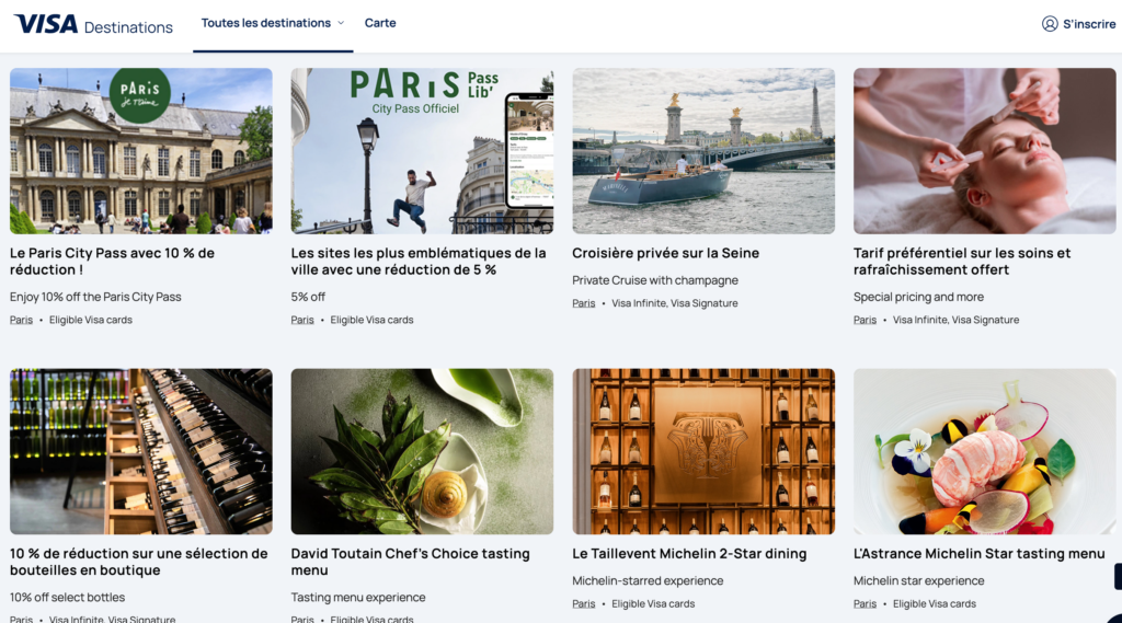 Catalogue des offres Visa Destinations à Paris, avec les paliers de cartes Visa admissibles