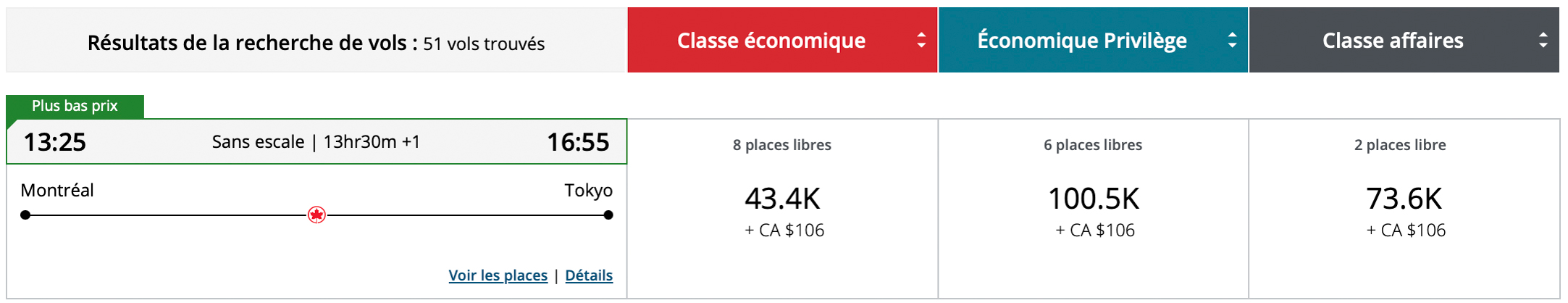 Vol YUL-NRT réservé en points Aéroplan