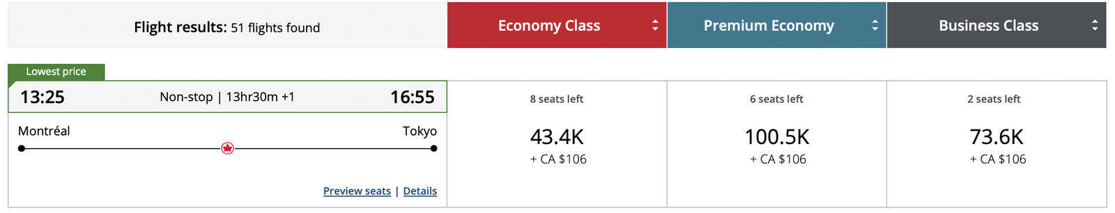 YUL-NRT flight in Aeroplan points