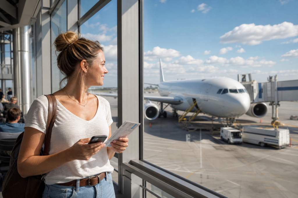 Voyageuse à la porte d'embarquement devant un avion, promotion Aéroplan 4X points en classe Économie
