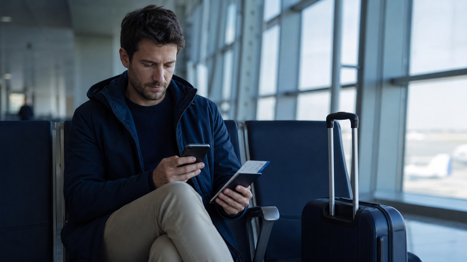 Voyageur vérifiant sa réservation aérienne sur son téléphone à l'aéroport