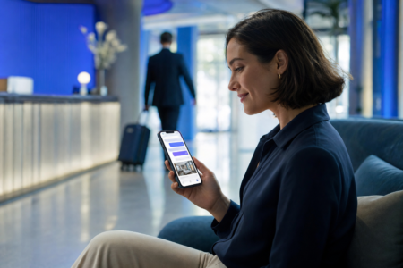 Voyageuse consultant une interface de recherche d'hôtel par intelligence artificielle sur son téléphone dans un lobby