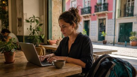 Nomade numérique travaillant sur son ordinateur portable dans un espace de coworking ensoleillé