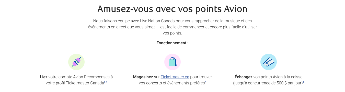 Étapes pour payer ses billets Ticketmaster avec des points Avion : connecter, magasiner, échanger
