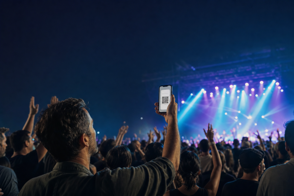 Person holding up phone with a ticket at a concert, crowd and illuminated stage