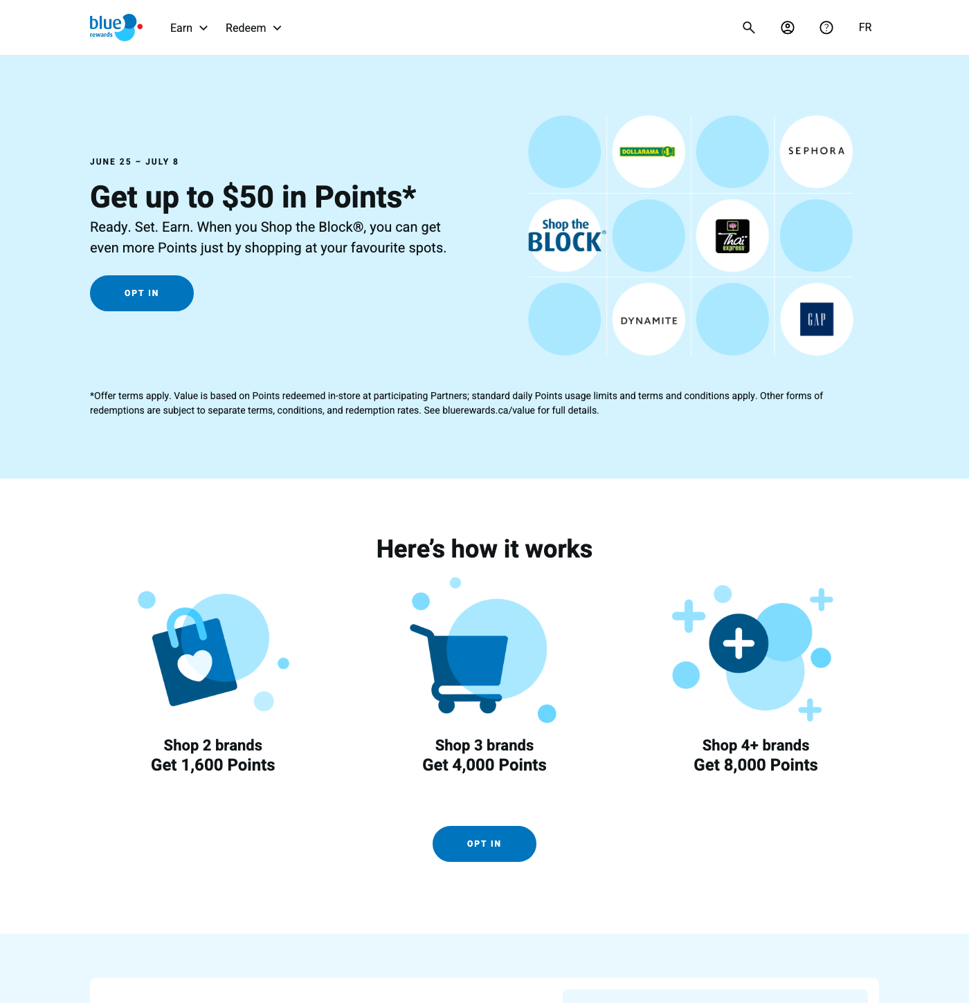 Blue Rewards Shop the Block promotion: up to 50 dollars in points, tiers for 2, 3 and 4 brands