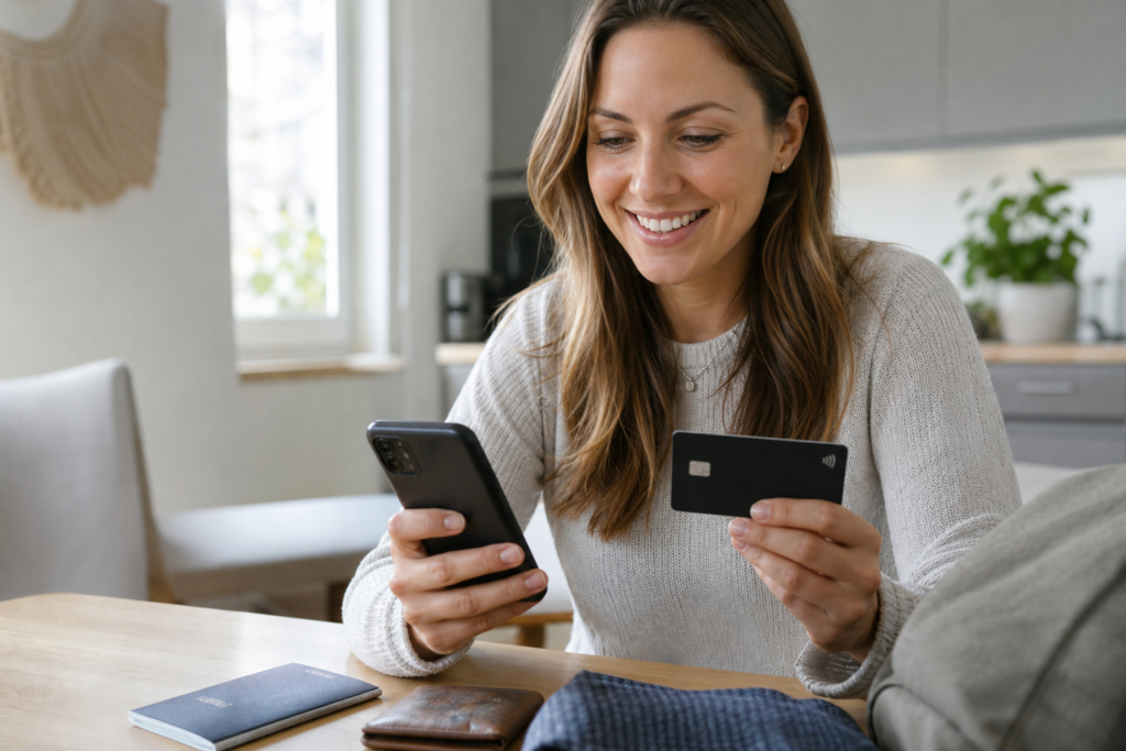 Personne consultant son application bancaire mobile avec une carte de débit, comptes bancaires qui donnent des points au Canada