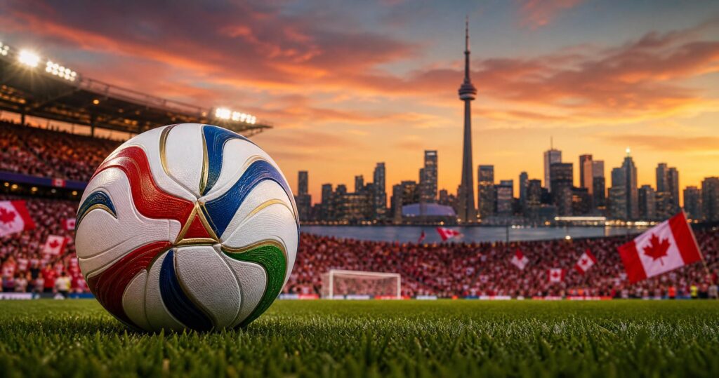 Ballon de la Coupe du monde FIFA 2026 sur le terrain avec l horizon de Toronto et des drapeaux canadiens