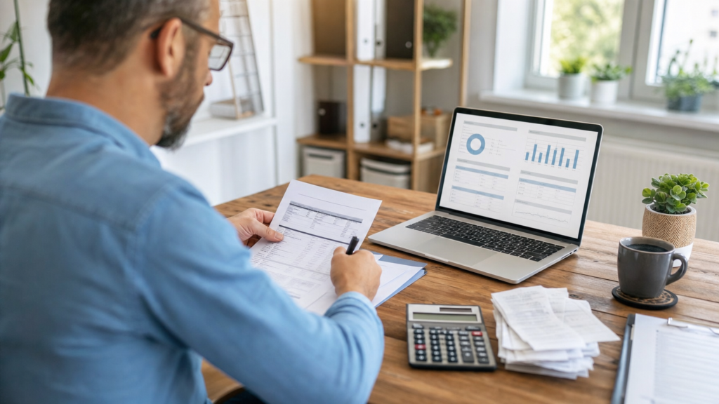 Propriétaire de PME qui prépare sa déclaration de revenus d'entreprise à son bureau avec un logiciel de comptabilité