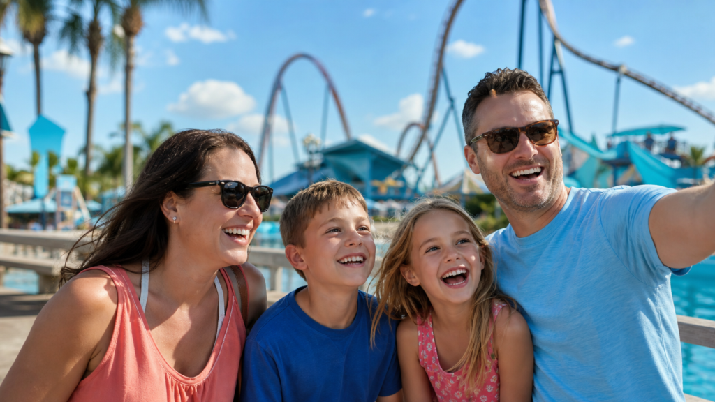 Famille canadienne joyeuse dans un parc d'attractions ensoleillé en Floride