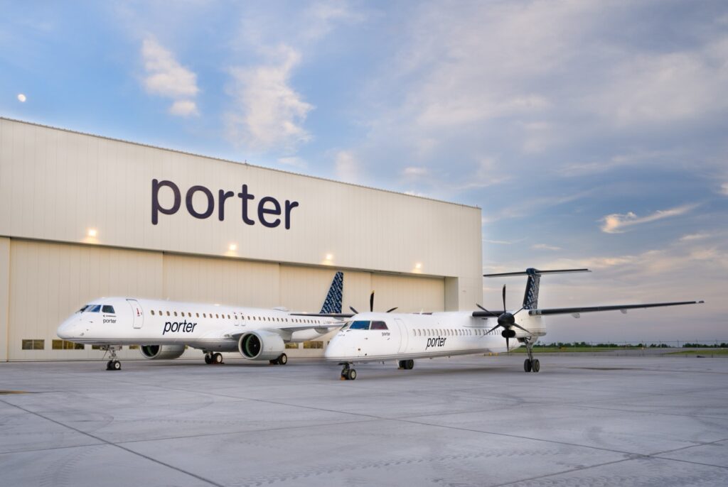 Avions Porter Embraer E195-E2 et De Havilland Dash 8-400 devant un hangar Porter