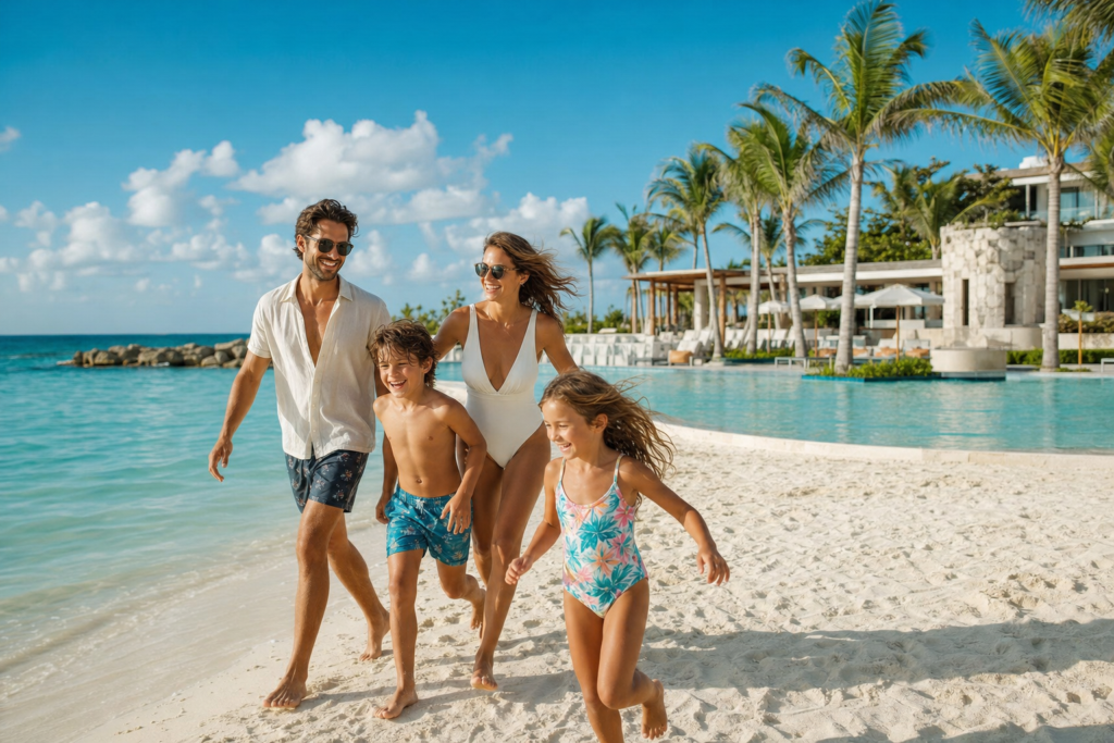 Famille en vacances sur une plage d'un complexe tout inclus au Mexique