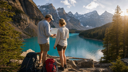 Couple en randonnée consultant une carte au bord d'un lac des Rocheuses canadiennes
