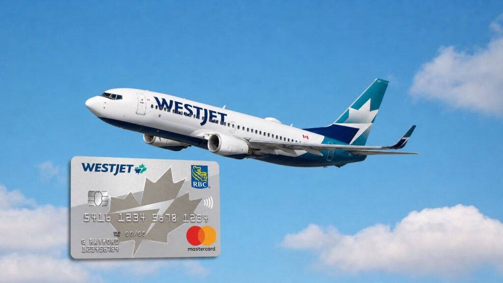 Carte WestJet Mastercard RBC devant un avion WestJet en vol