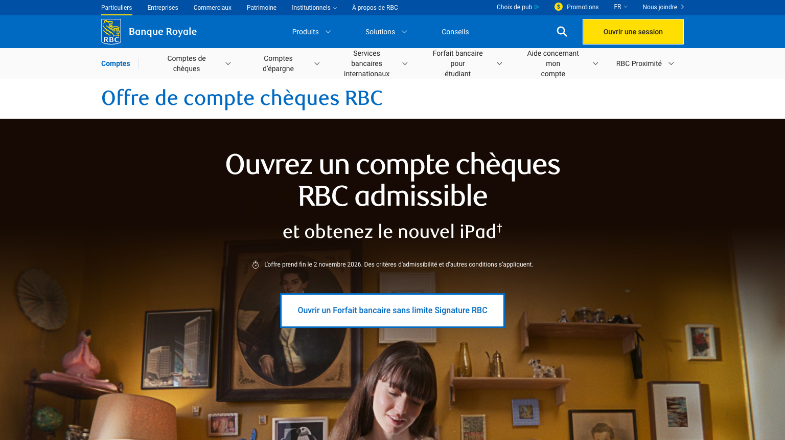 Screenshot of the current offer on the official RBC website: eligible chequing account and a new iPad, until November 2, 2026
