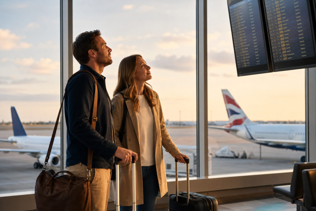Couple de voyageurs canadiens dans un terminal d'aéroport avec un avion Porter Airlines et un avion British Airways visibles par la fenêtre