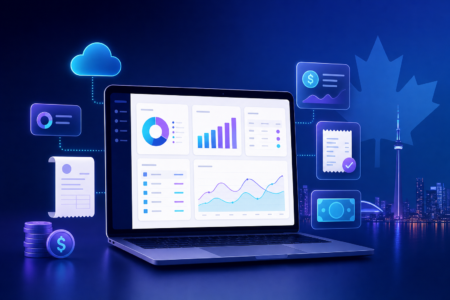 QuickBooks Online accounting dashboard on a laptop, fintech illustration in Milesopedia colors